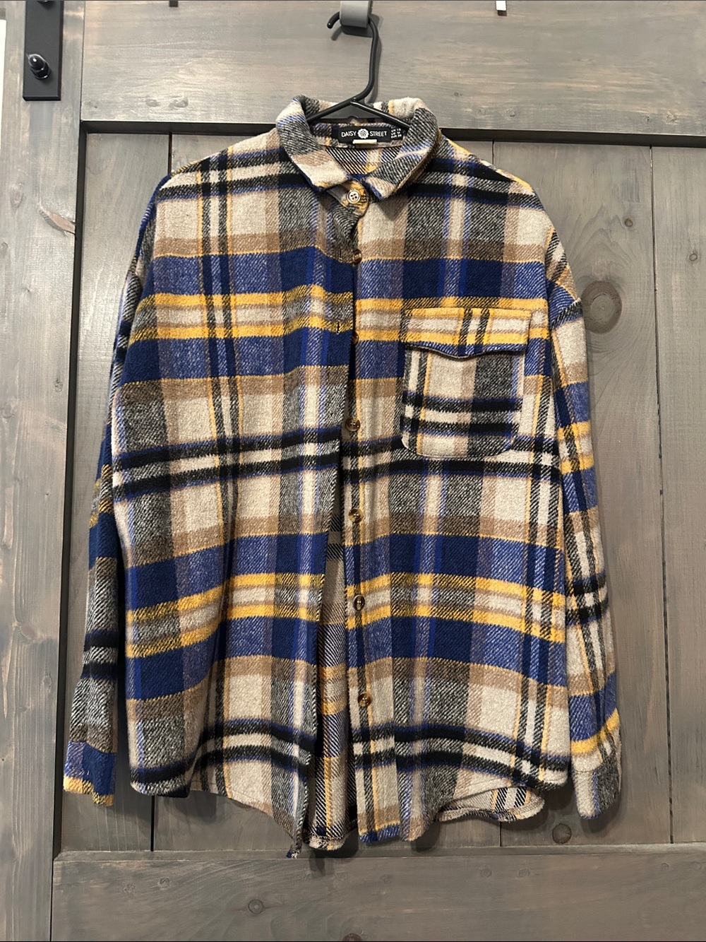 Daisy Street Plaid Button-Up Shirt Jacket - Blue, Tan, Yellow